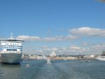 Looking back at the dome church past a Silja ferry