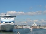 Looking back at the dome church past a Silja ferry
